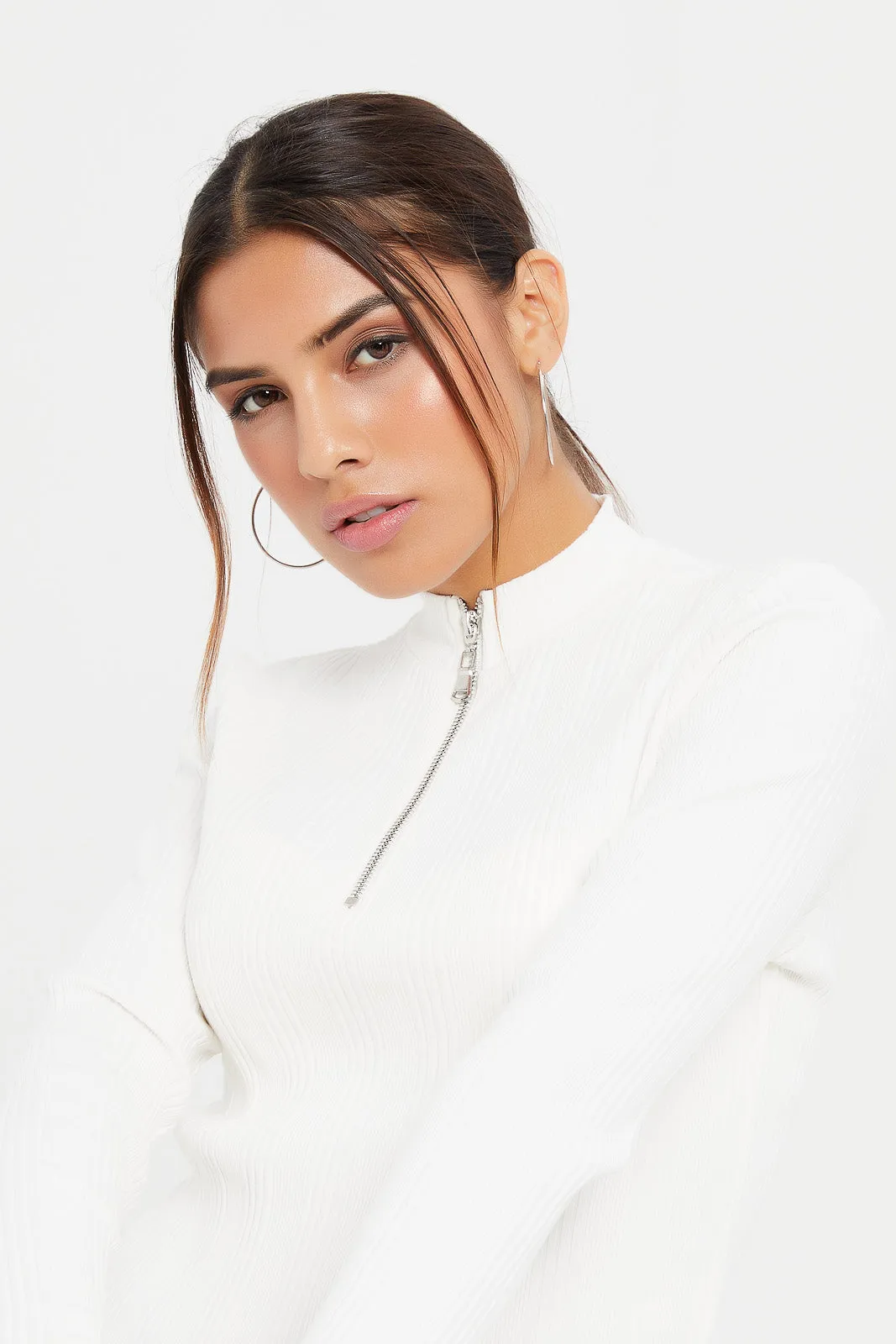 Women White Zip Textured Pullover