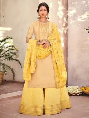 Yellow In Dual Embroidered Gharara Palazzo Suit