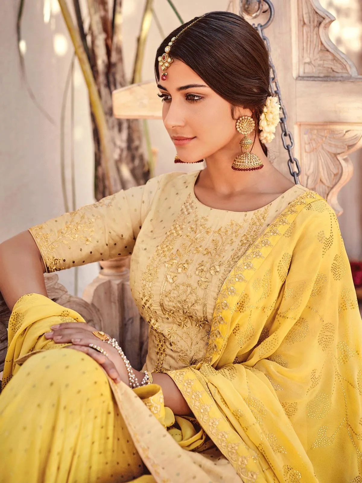 Yellow In Dual Embroidered Gharara Palazzo Suit